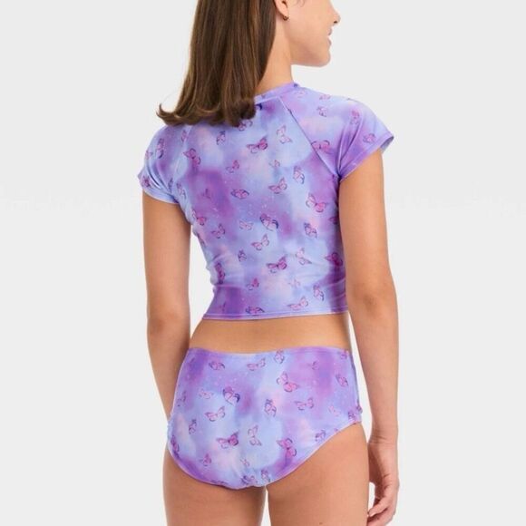 Girls Sweet Flutter Tie-Dye Rash Guard 3 Piece Set Swimsuit Violet XXL New - Picture 2 of 5